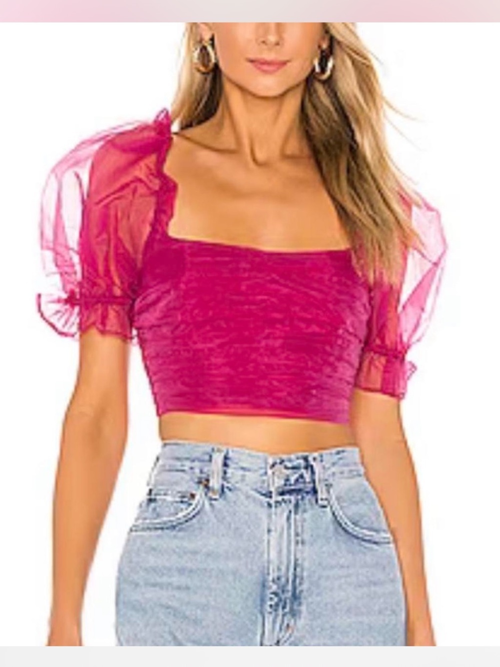Lovers + Friends Revolve Pink Puff Sleeve Tulle Cropped Top/Blouse Size Small